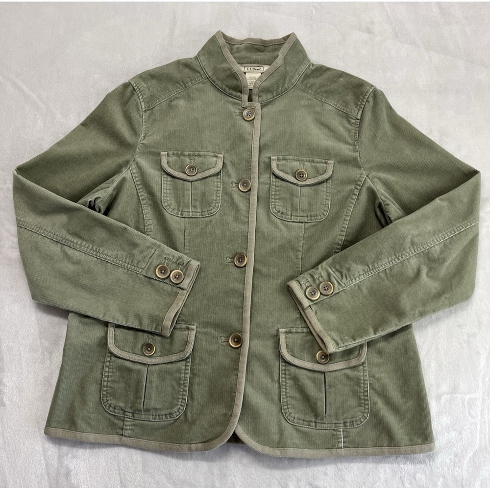 LL Bean Corduroy Blazer Women Large Green Regular Flap Pocket Military Jacket